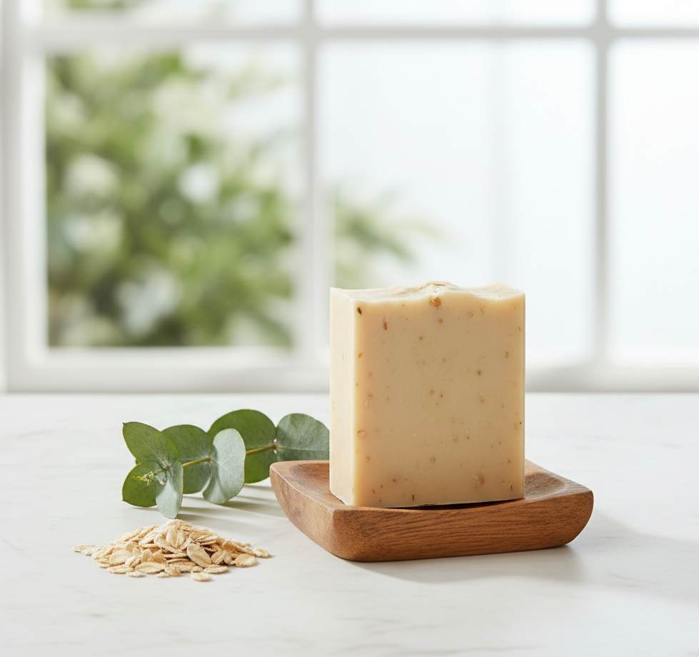 Honey turmeric Bar of soap on a wooden dish with oats and eucalyptus leaves on a light surface.