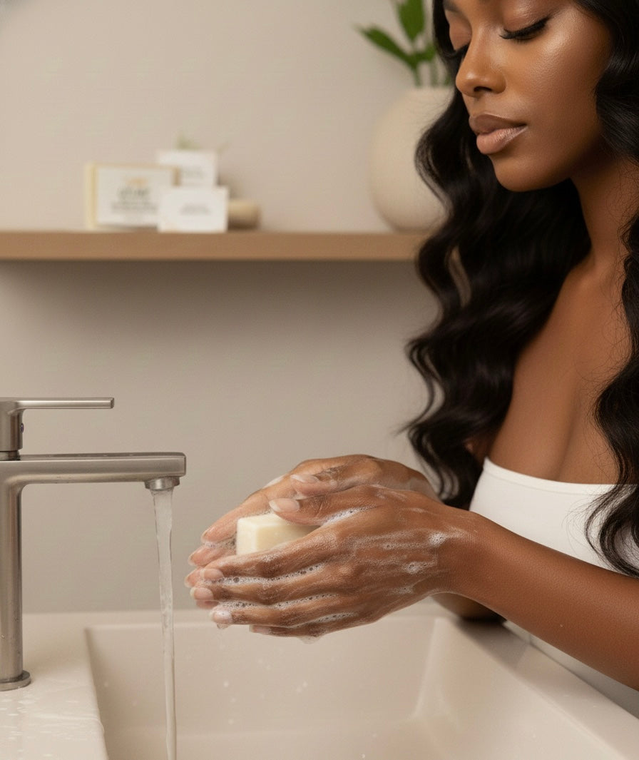 Woman washing hands with soap under running water in a bathroom.
