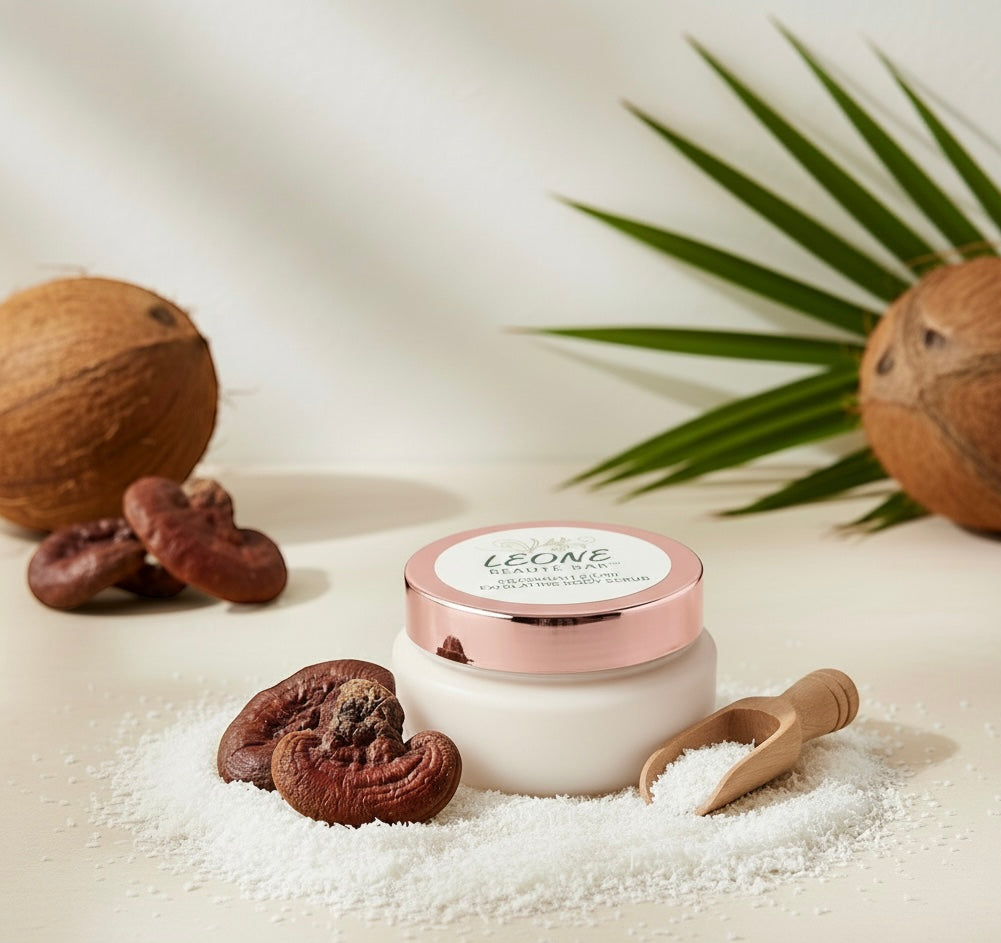 Cosmetic jar with LEONE Beauty label surrounded by coconuts, leaves, and a wooden scoop on a light background