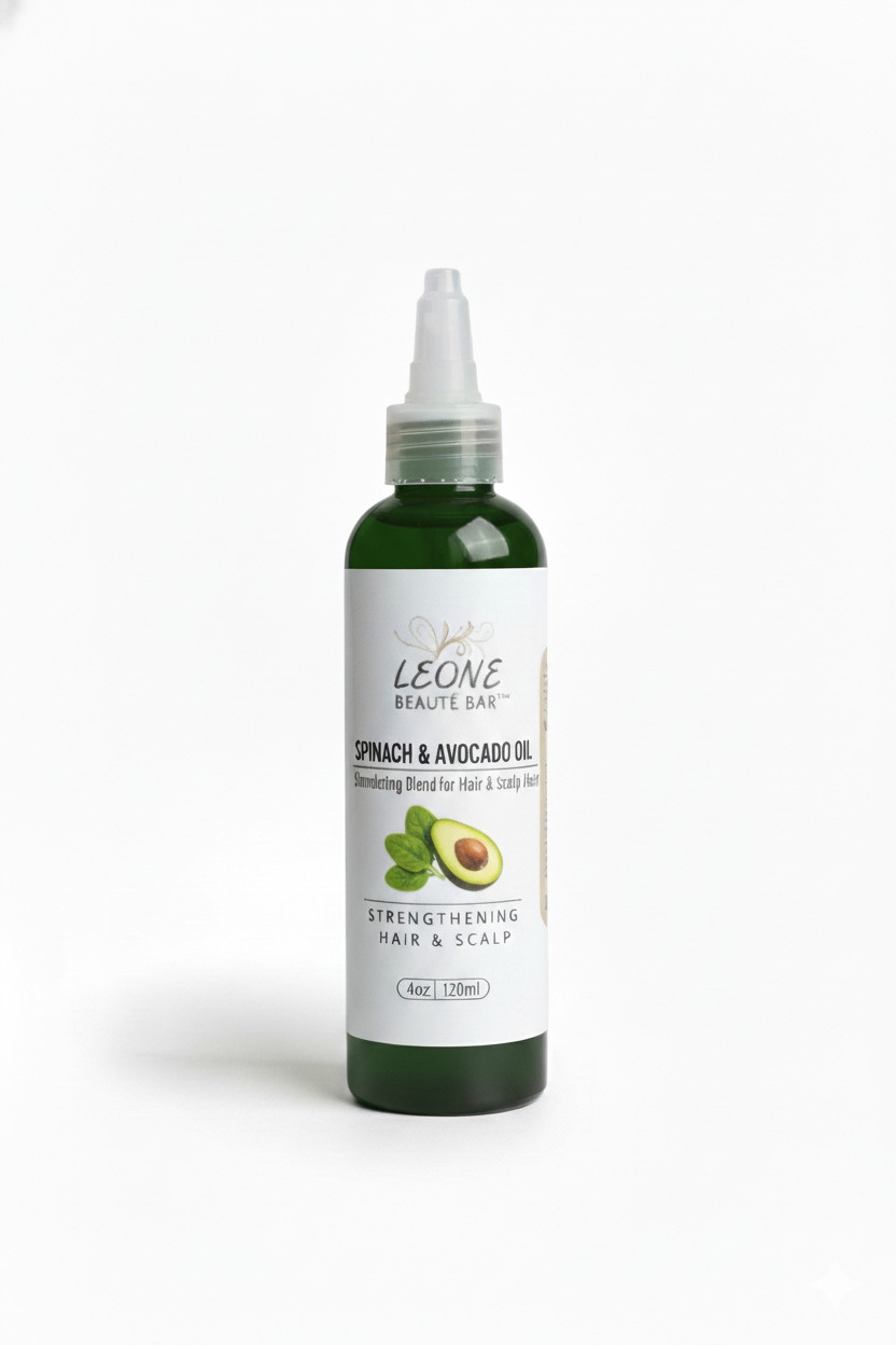 Bottle of Leone Beauty Spinach & Avocado Oil on a white background
