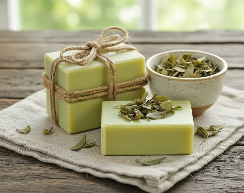 Three cerasee soap bars on a cloth with a bowl of dried leaves on a wooden surface.