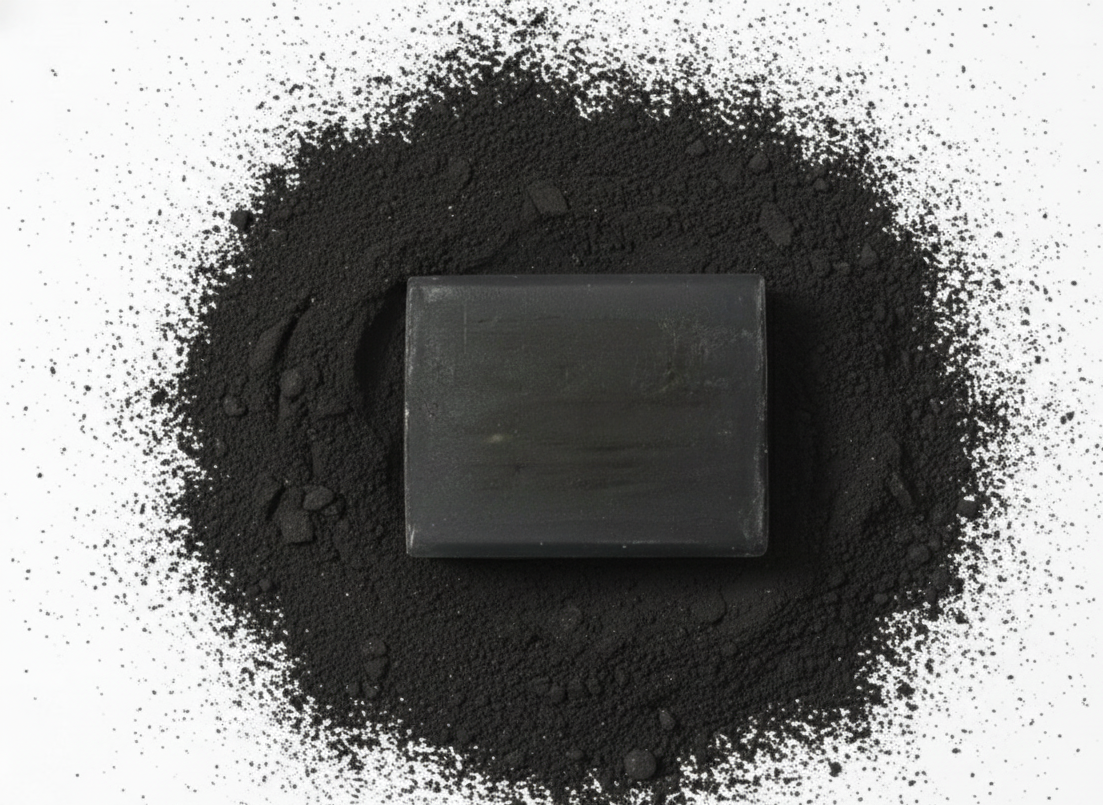 Bar of black soap surrounded by powdered black soap on a white background