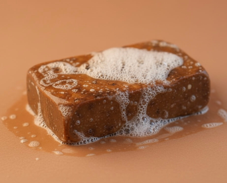 Brown bar of soap with foam on a beige background