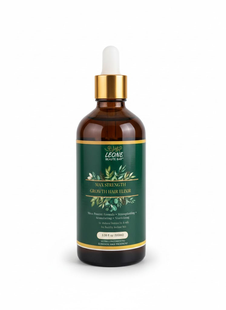 Bottle of Leone Max Strength Growth Hair Elixir on a white background
