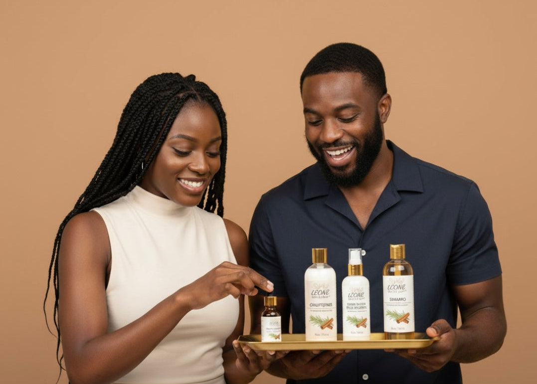 Man and woman holding a tray with bottles of a product against a beige background