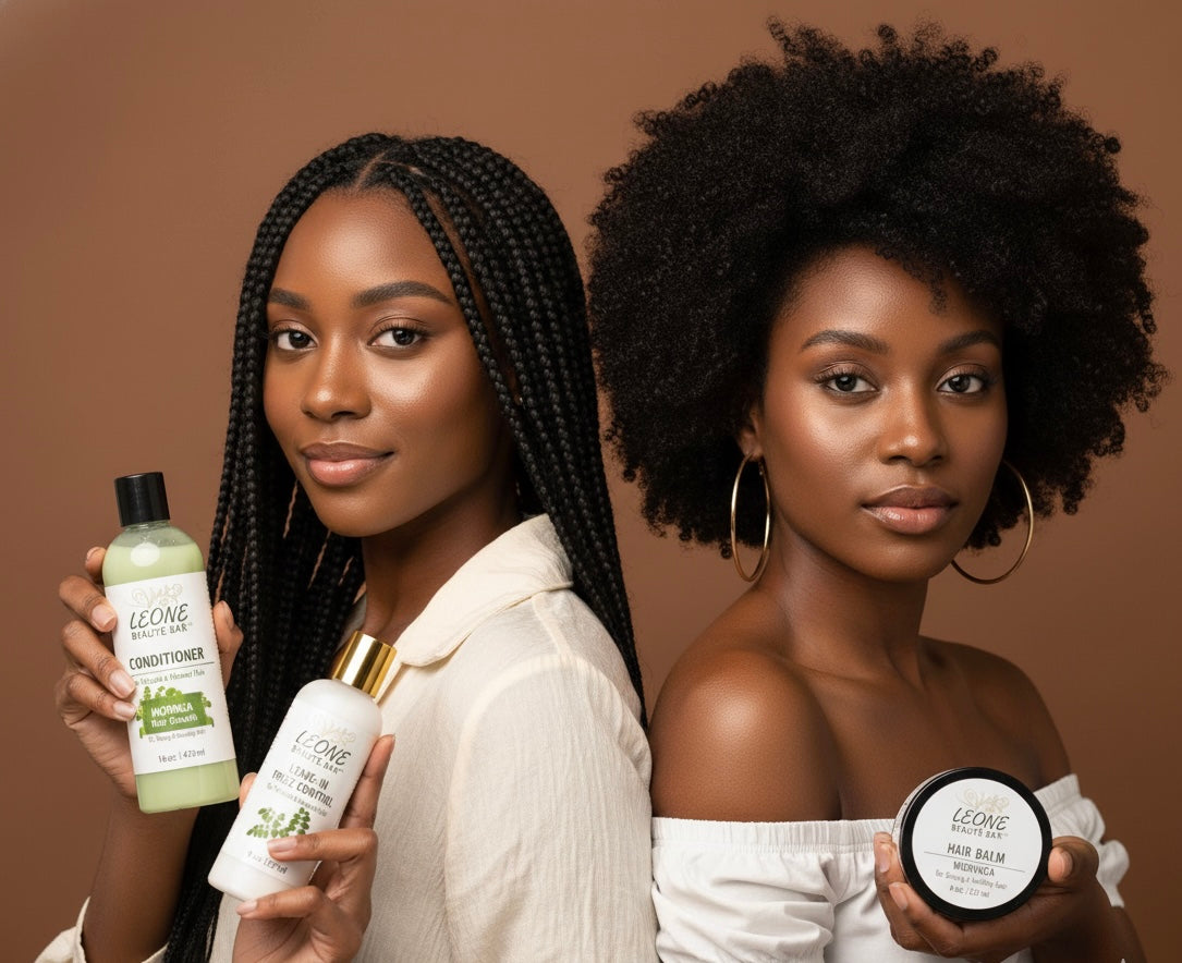 Two women holding Leoveg hair care products against a brown background