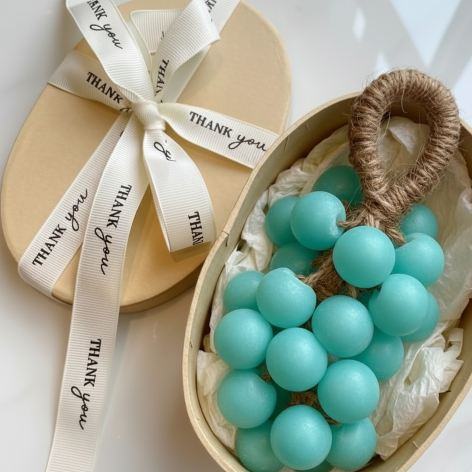 Teal decorative grapes in a box with a 'thank you' ribbon on a light background