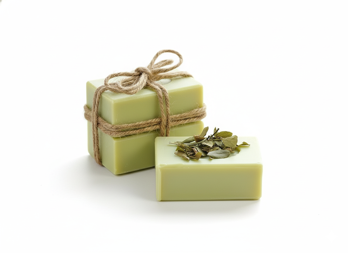Two green bars of soap with a rope tied around one on a white background