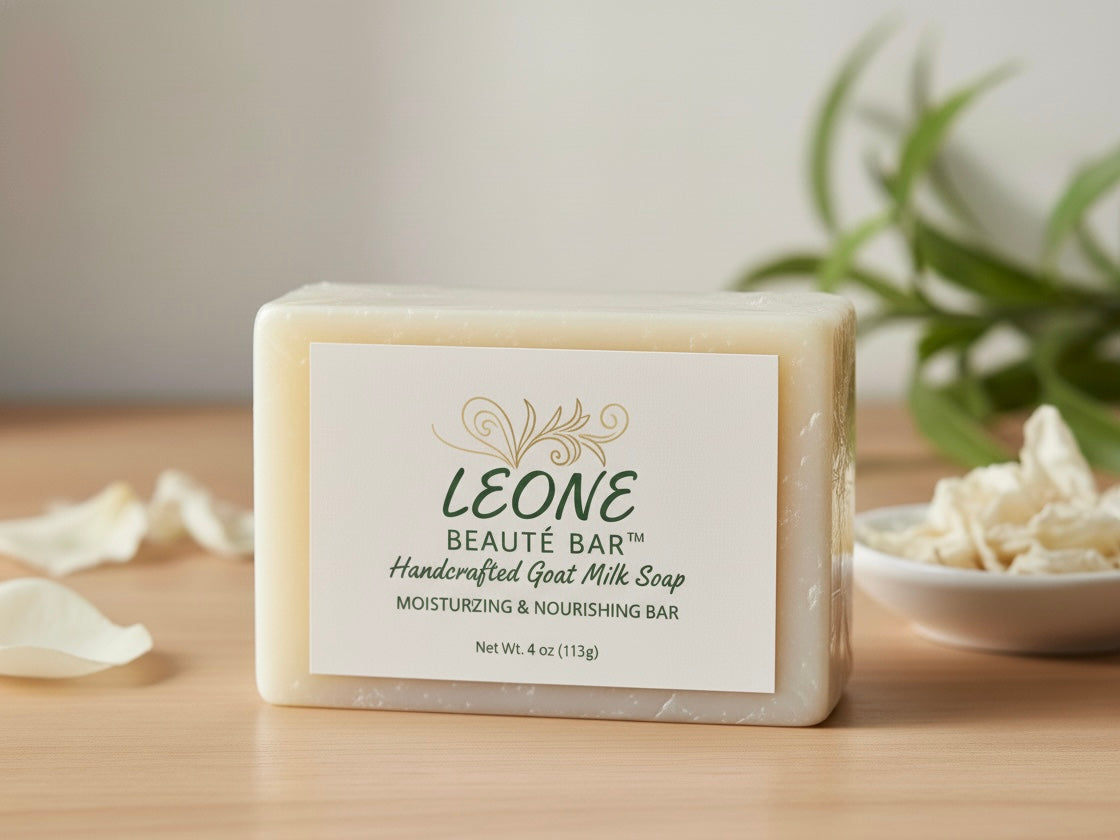 Handcrafted goat milk soap bar with Leone label on a wooden surface.