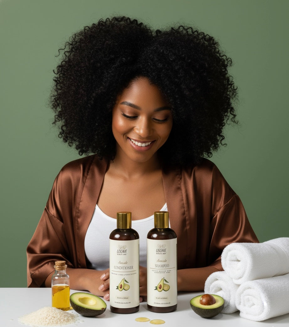 Woman with curly hair sitting behind hair care products and ingredients on a table.