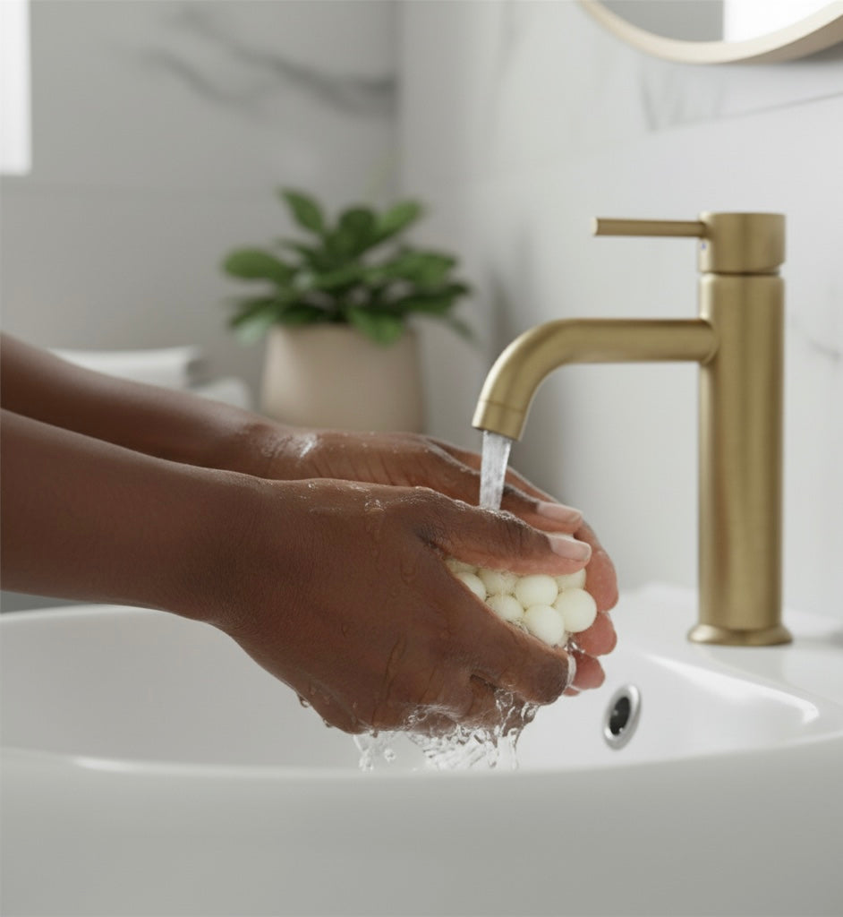 Person washing hands under a gold faucet in a bathroom setting