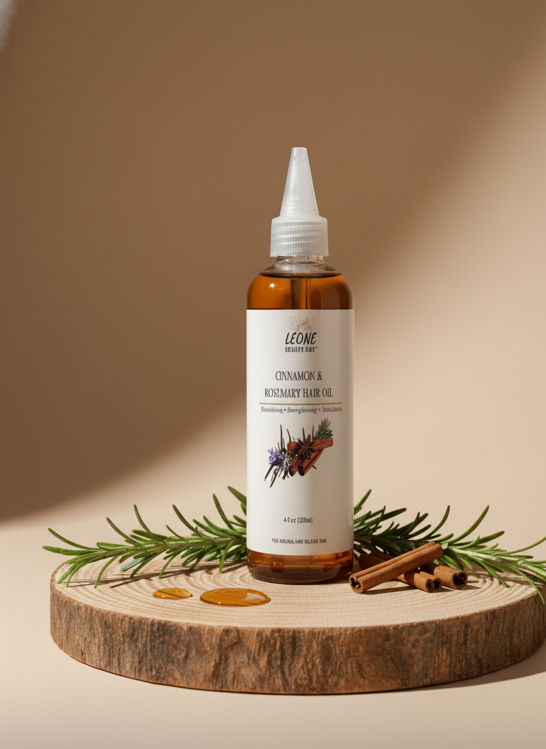Bottle of Leone Cinnamon & Rosemary Hair Oil on a wooden platform with herbs and cinnamon sticks.