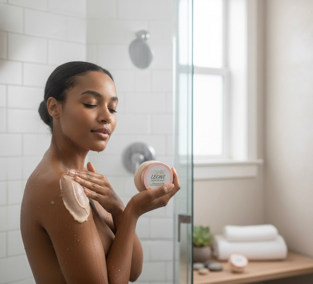 Woman applying cream to her shoulder in a bathroom setting