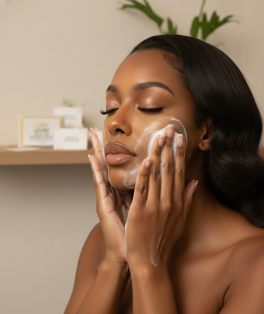 Woman applying cream to her face in a bathroom setting
