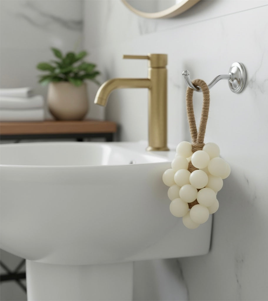 Decorative white grapevine soap hanging on a hook above a sink with a gold faucet.