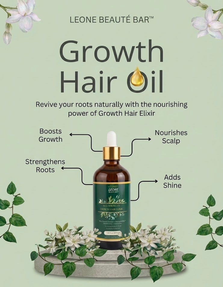 Hair oil bottle with text on a green background, featuring the brand 'Leone Beauté Bar'.