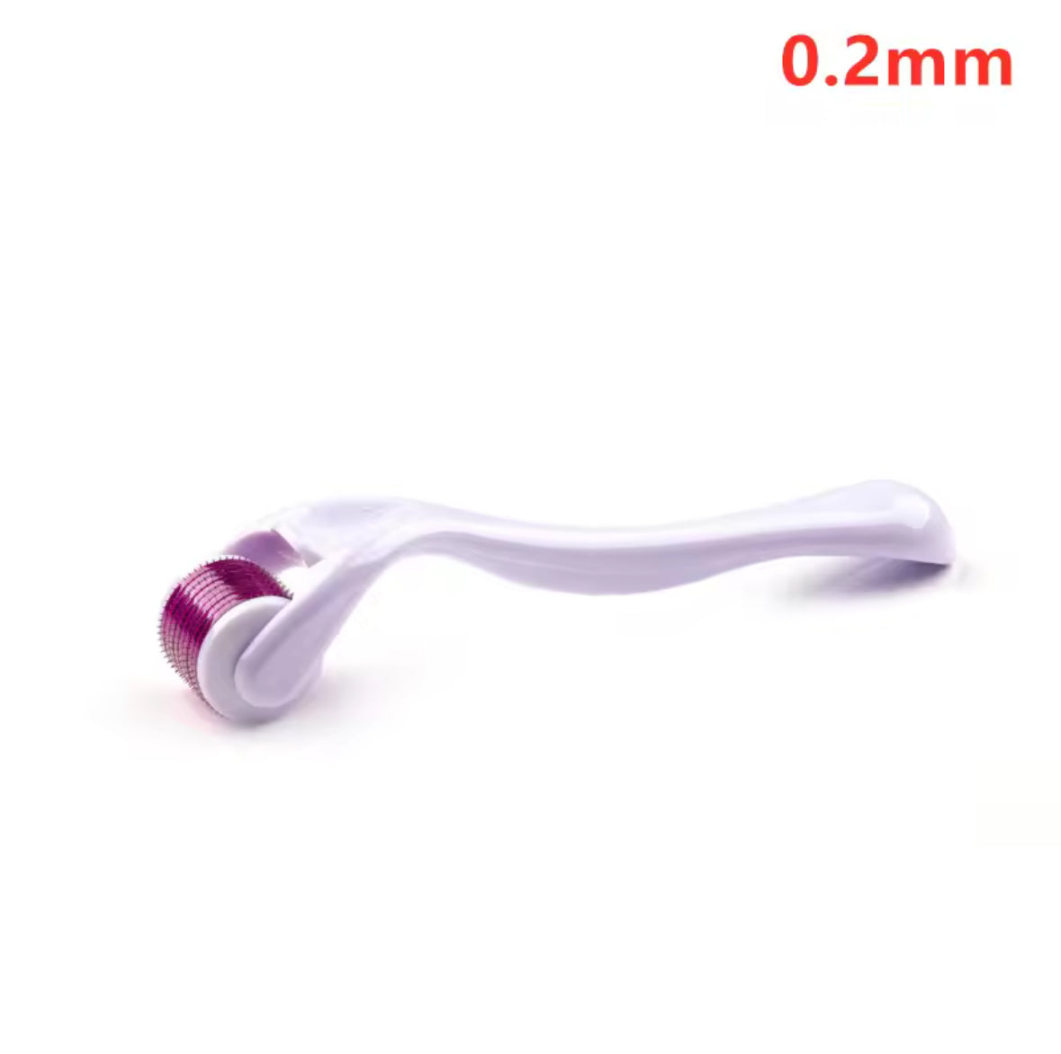White derma roller with purple head on a white background, labeled '0.2mm'.