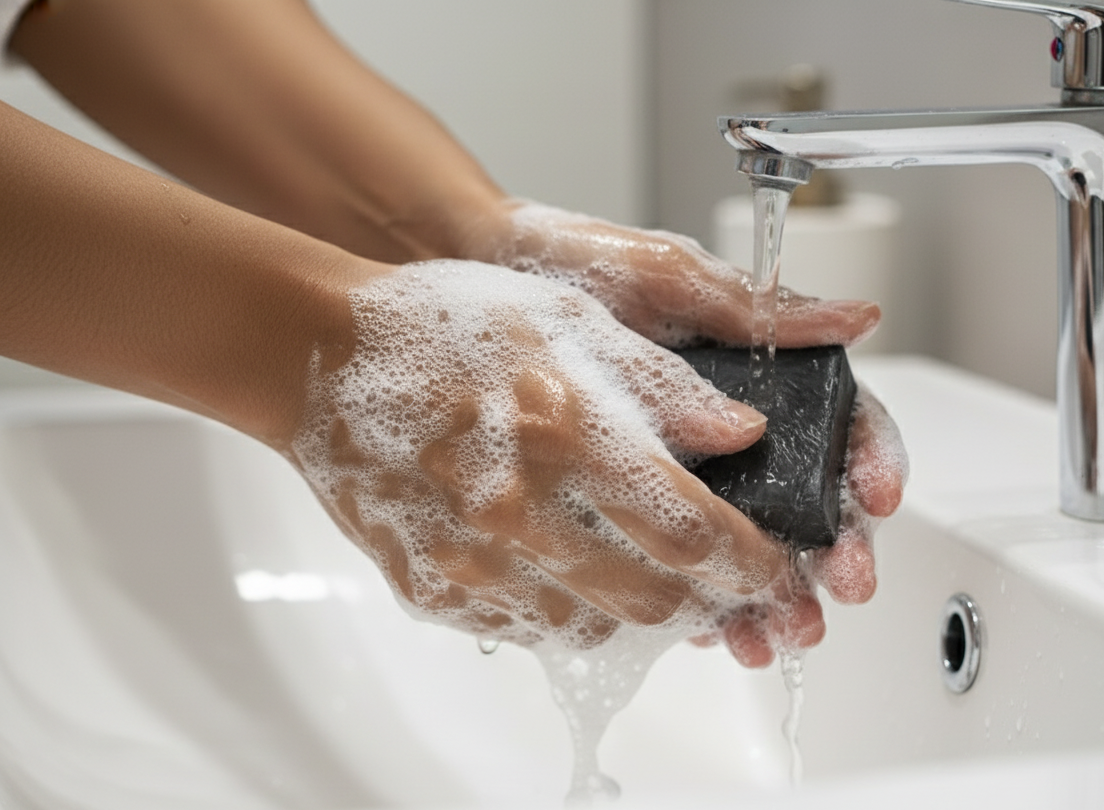 Person washing hands with soap and water in a sink