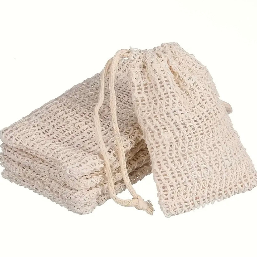Two beige mesh bags with drawstrings on a white background