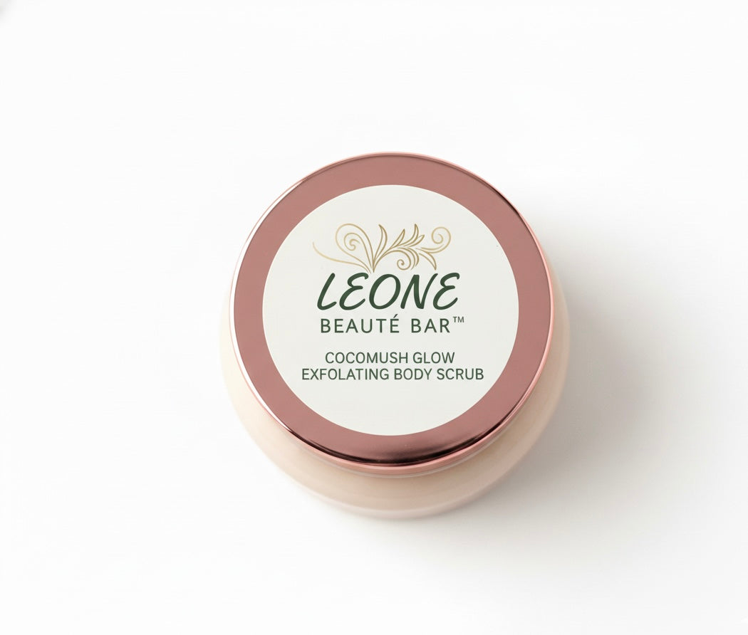 Leone Beaute Bar coconut glow exfoliating body scrub container on a white background