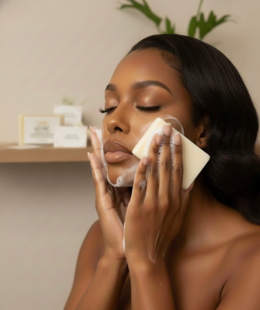 Woman washing her face with  goat milk soap bar in a bathroom setting