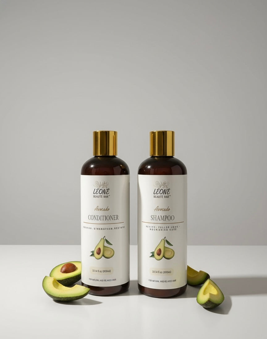 Avocado shampoo and conditioner set with rice protein and vitamin E for hydrated hair
