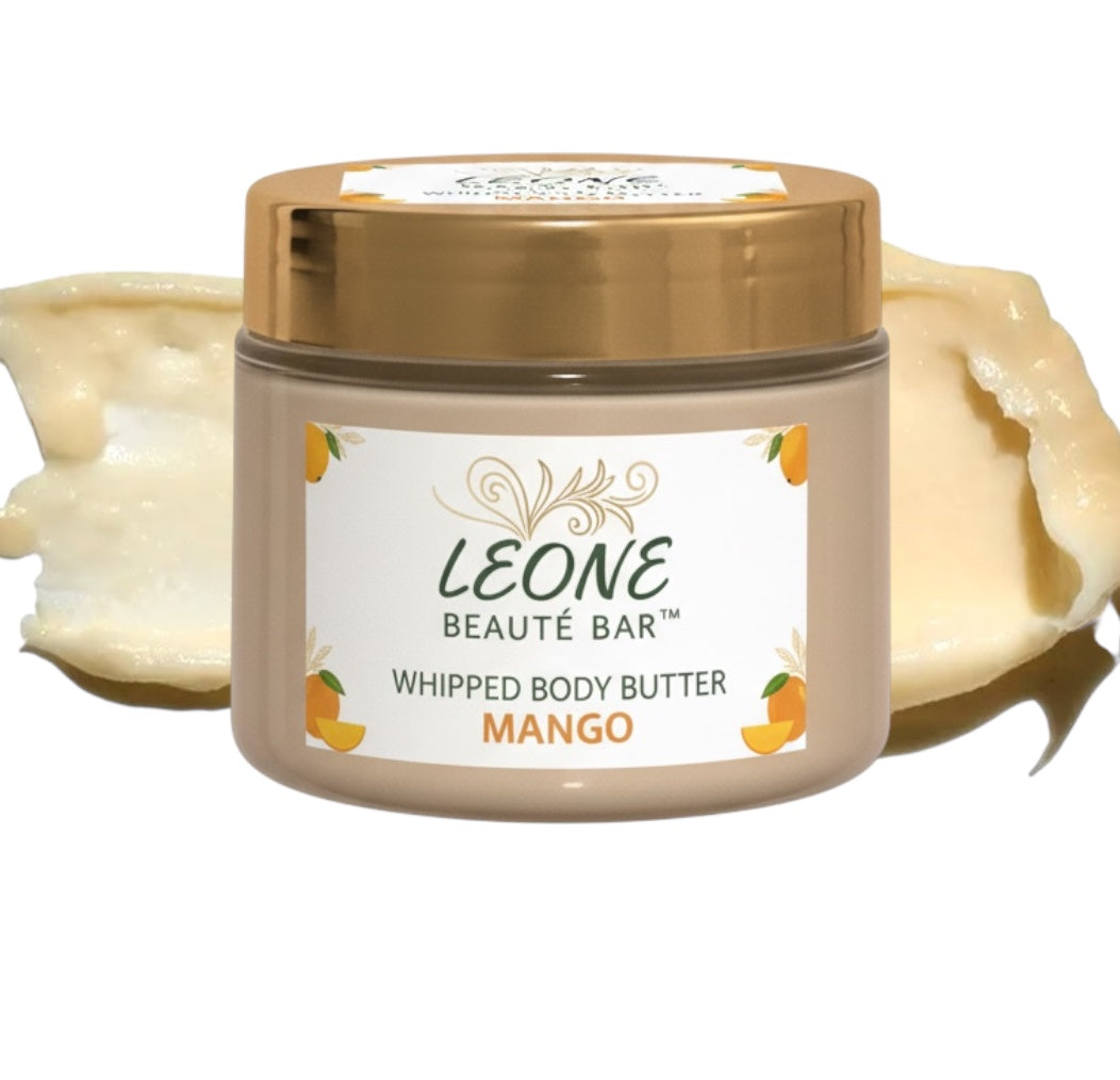 Jar of Leone Beauté Bar Mango whipped body butter with a gold lid.