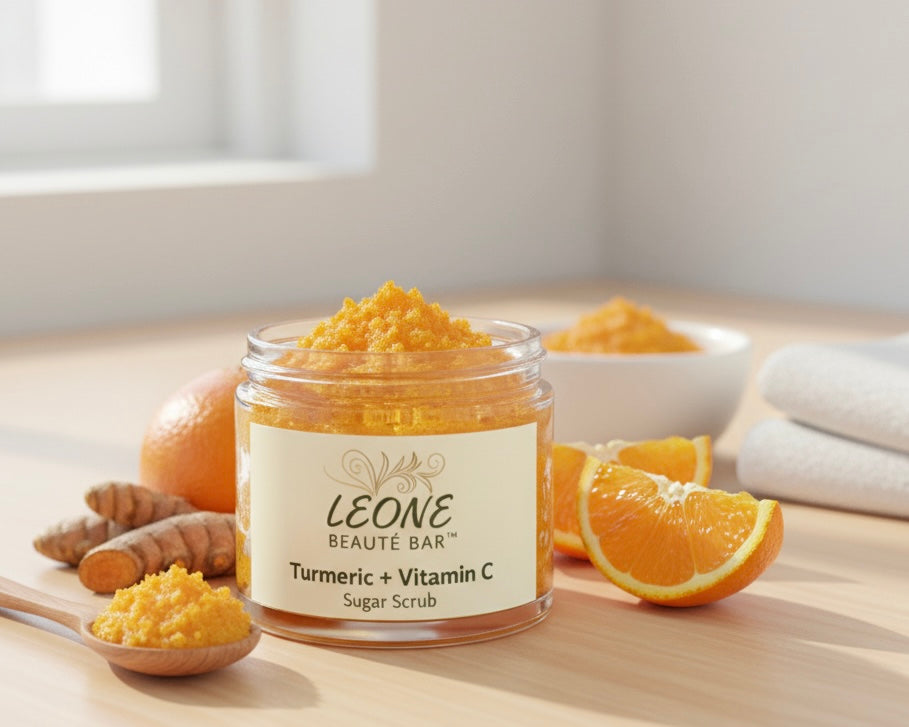 Jar of Leone Beaute Bar Turmeric + Vitamin C Sugar Scrub on a wooden surface with turmeric roots and oranges.
