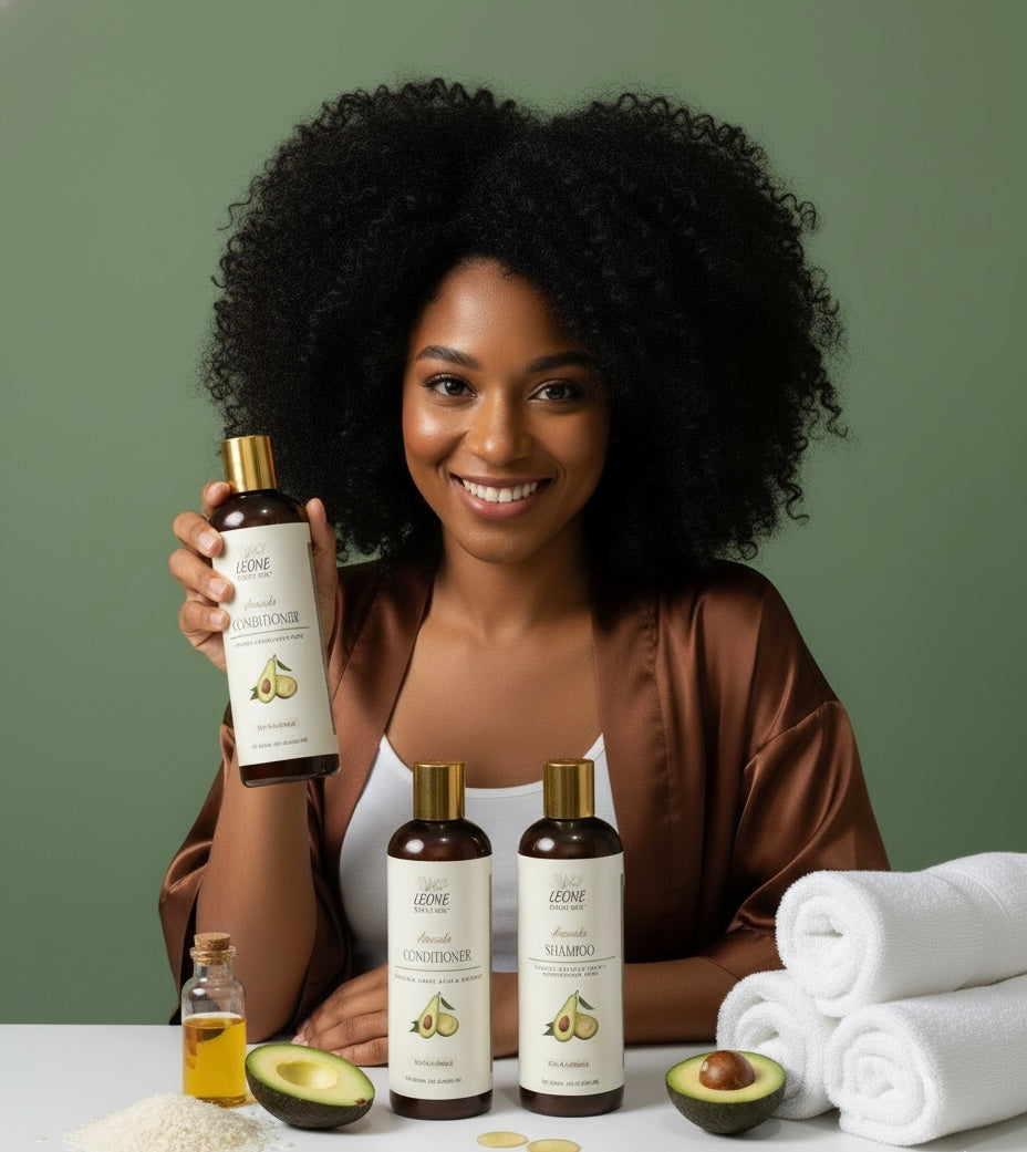 Woman holding a bottle of avocado conditioner hair care product with various bottles and avocados on a table against a green background