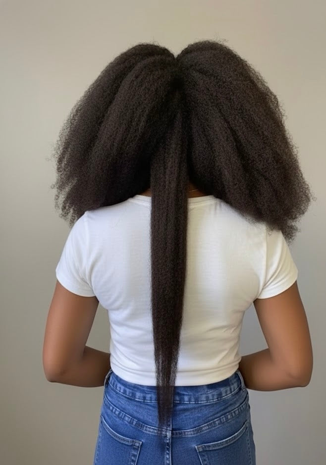 Person with long, styled hair from behind wearing a white shirt and blue jeans against a neutral background