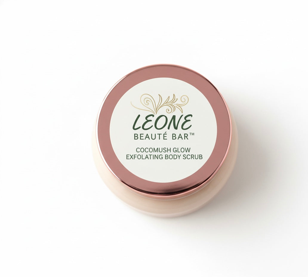 Jar of Leone Beaute Bar Cocomush Glow Exfoliating Body Scrub on a white background