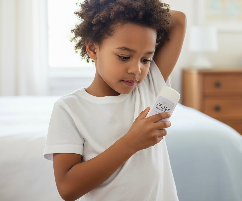 Child holding a product labeled  Leone beaute bar natural deodorant in a home setting