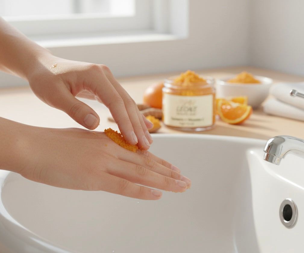 Person applying  turmeric scrub to hands with a bathtub and oranges in the background