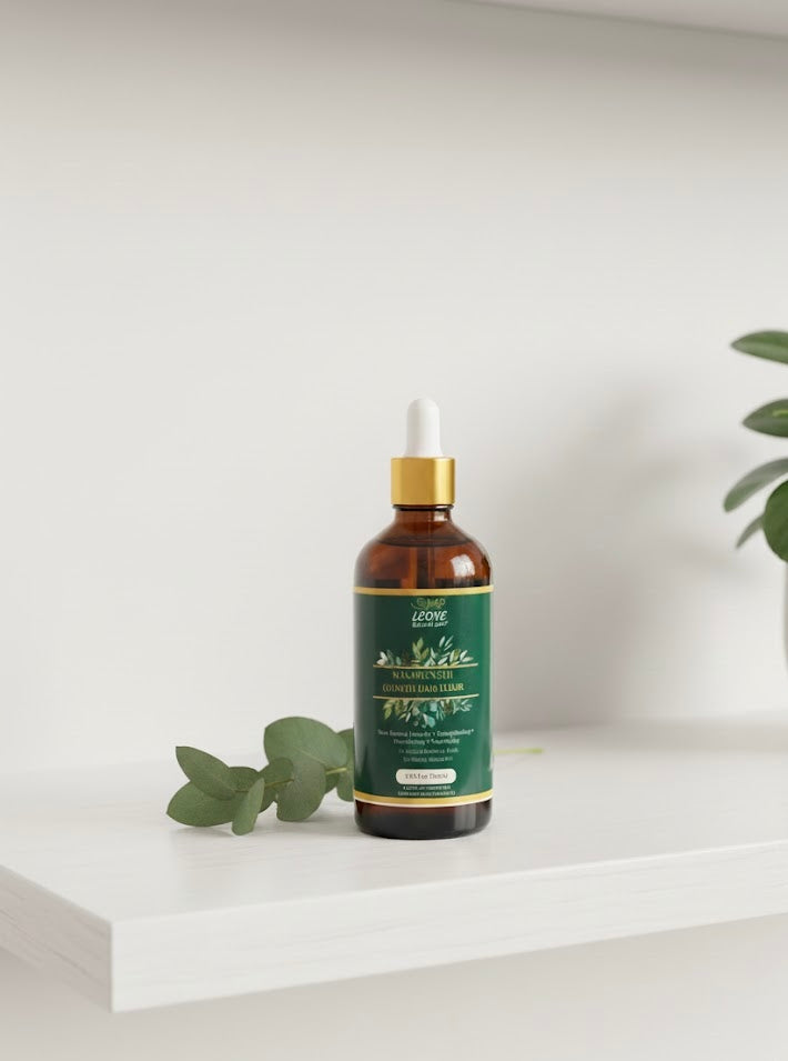 Bottle of Leone Hair growth Elixir on a white background and leaves surrounding 
