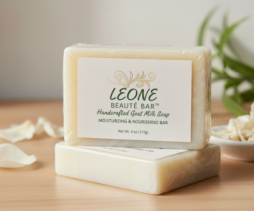 Two bars of Leone goat milk soap on a wooden surface with a plant in the background.
