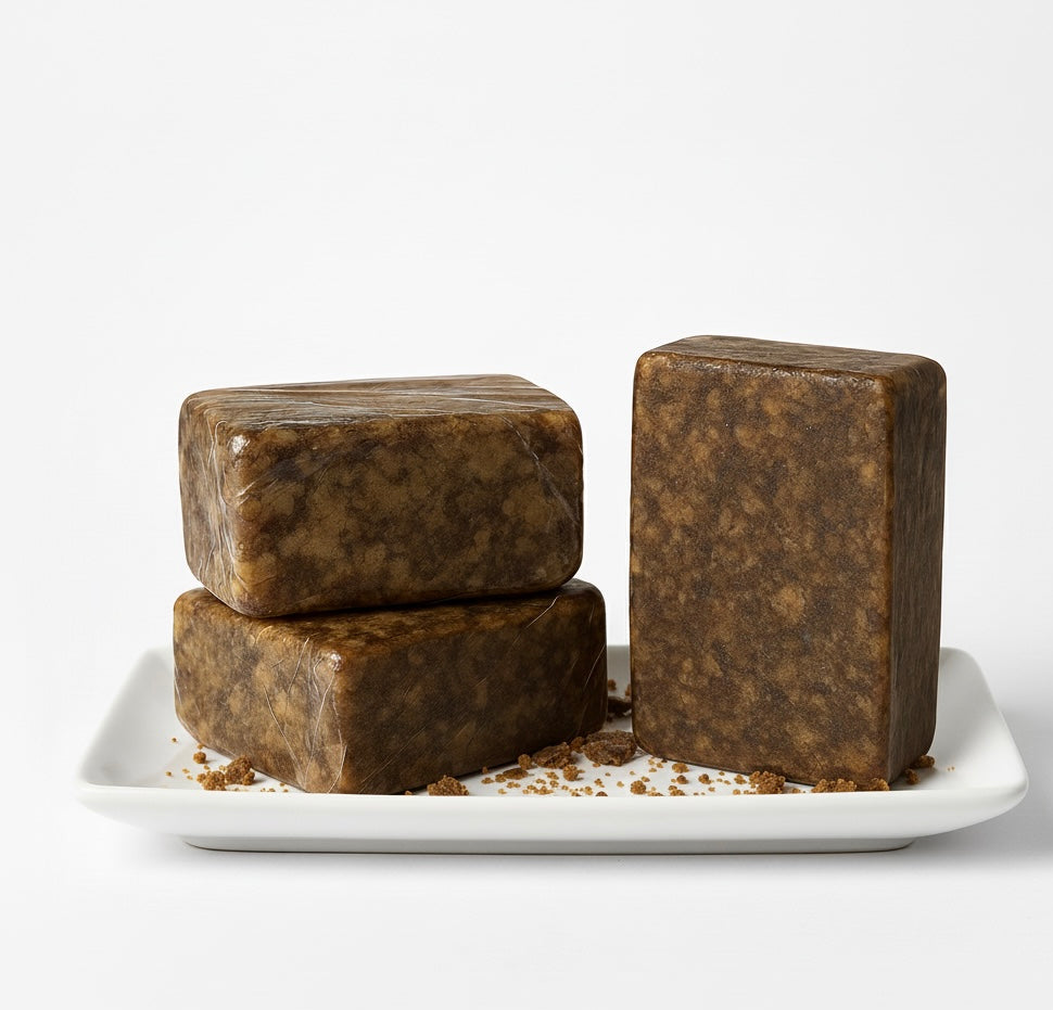 Three African black soap bars on a white plate with a white background