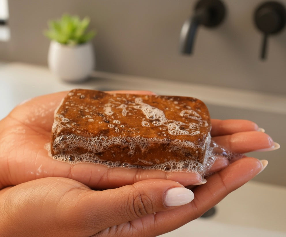 Brown bar of soap with bubbles held in a hand over a sink.