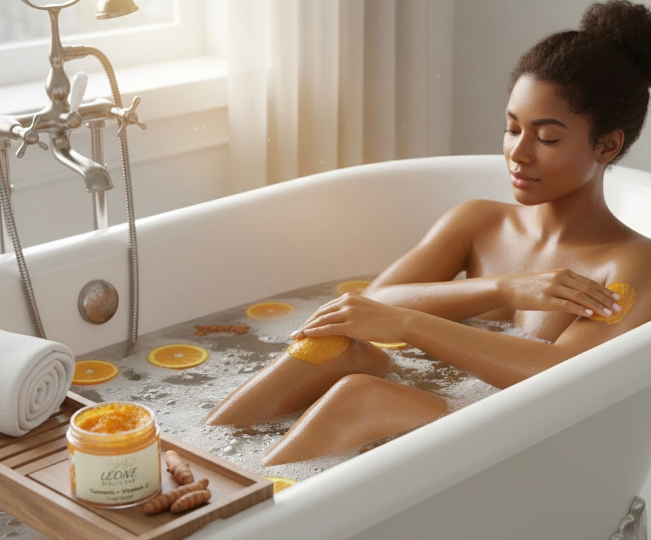 Woman relaxing in a bathtub with orange slices and a jar of Leone Beaute bar turmeric scrub product.