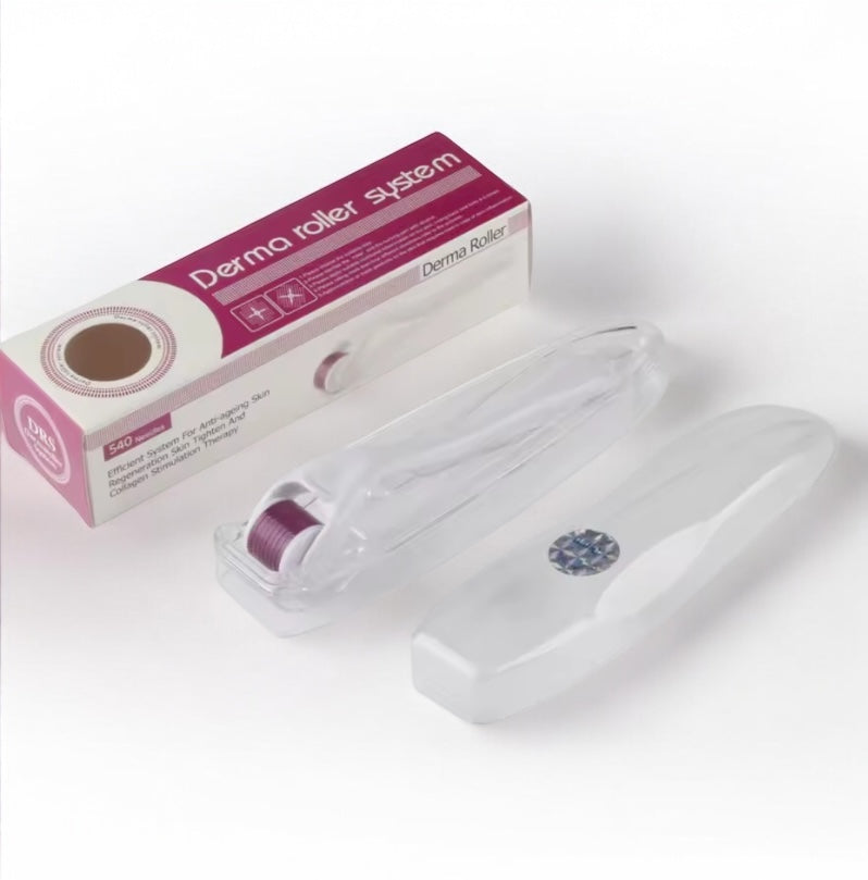 Dermo roller system with packaging on a white background