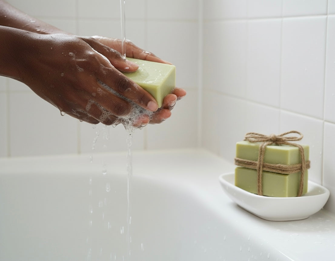 Hand washing a bar of soap with another bar of soap on a white surface.