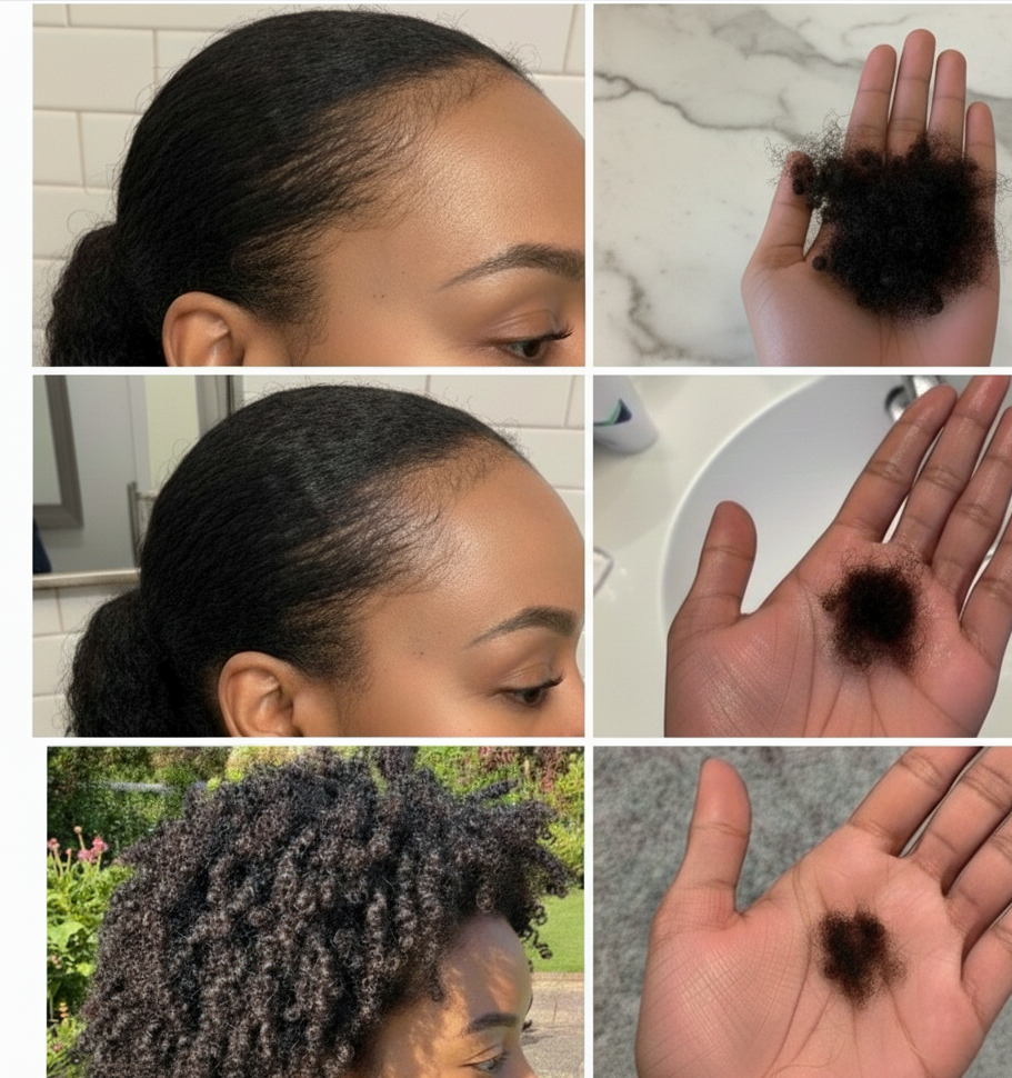 Collage of hair care images including a woman with hair, hair strands on hands, and outdoor setting.