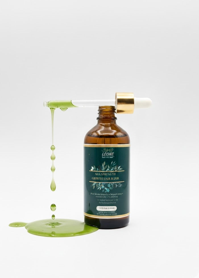 Brown glass bottle with dropper labeled Leone beaute bar Max strength hair growth  oil on a white background
