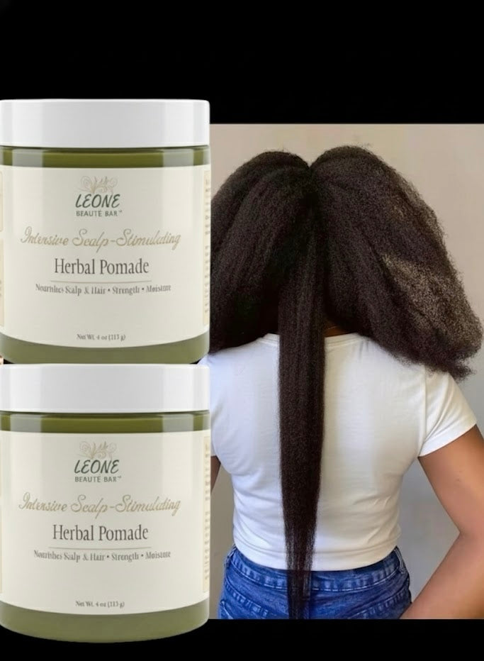 Leone Beauty Bar Herbal Pomade packaging with a person with long hair.