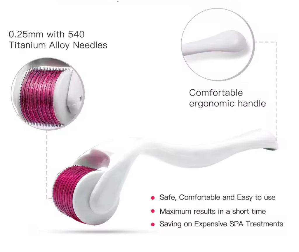 Roller tool with titanium alloy needles and ergonomic handle on a white background