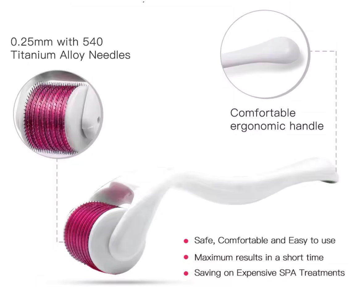 Roller tool with titanium alloy needles and ergonomic handle on a white background