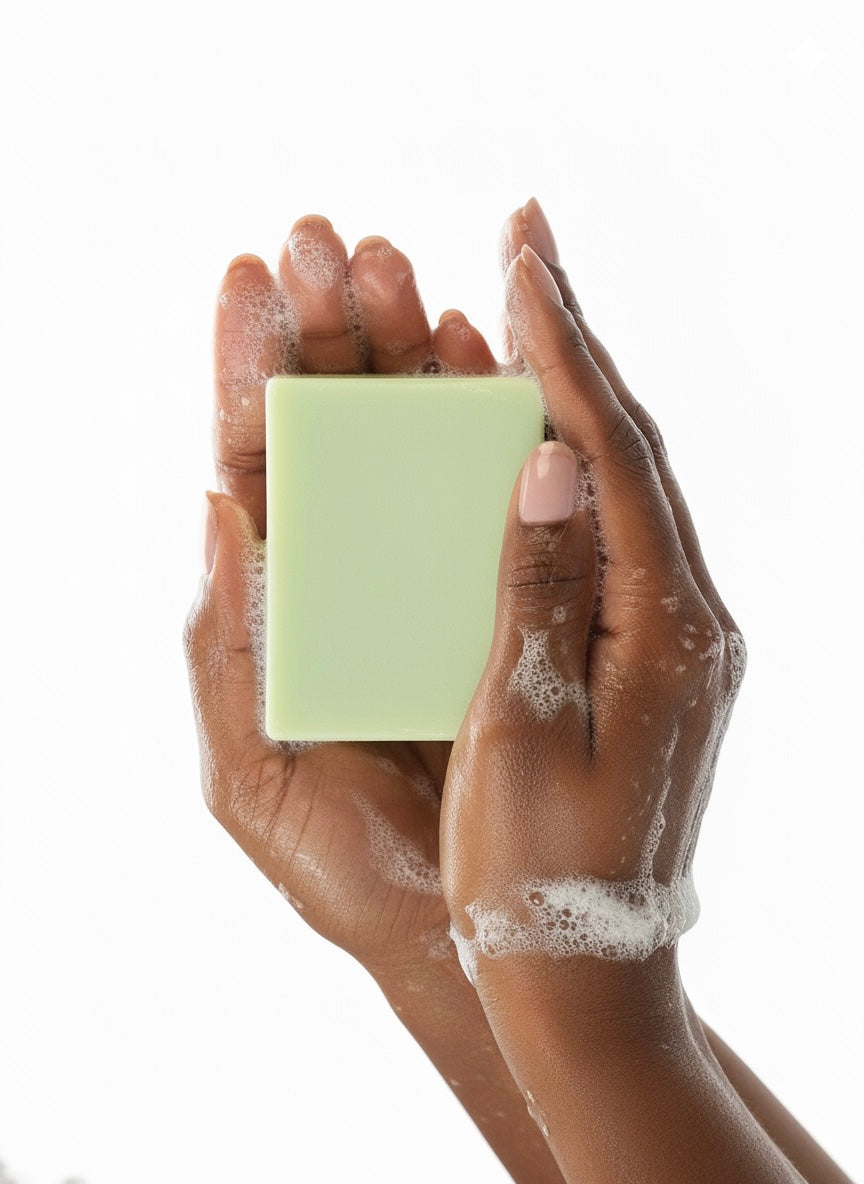 Hands holding a bar of soap with soap suds on a white background
