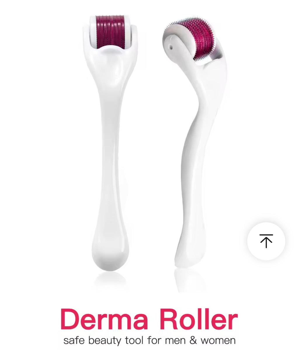 Two derma rollers with purple heads on a white background, labeled as a safe beauty tool for men and women.