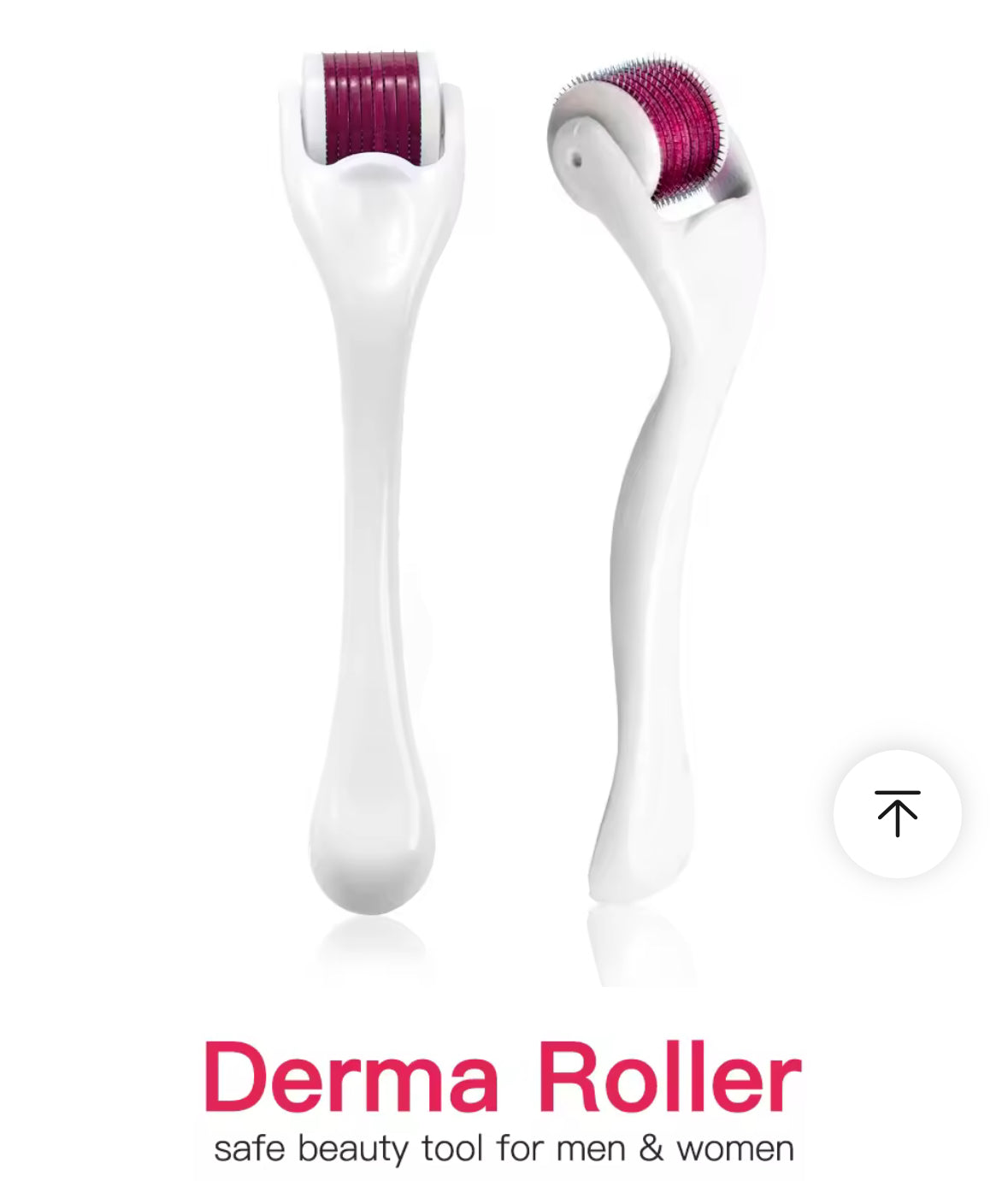 Two derma rollers with purple heads on a white background, labeled as a safe beauty tool for men and women.