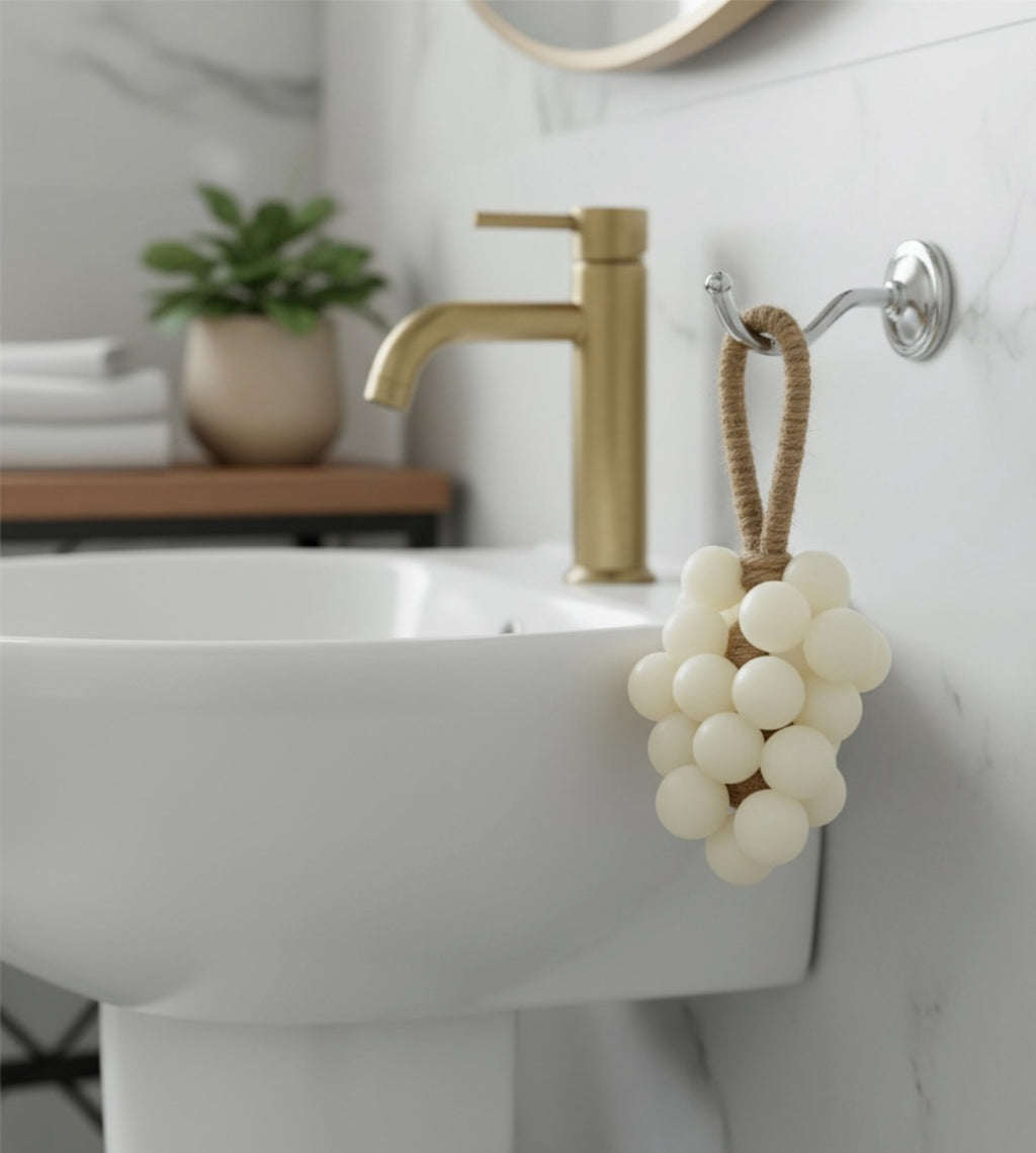 Decorative white grape ornament hanging on a bathroom wall next to a sink with a gold faucet.