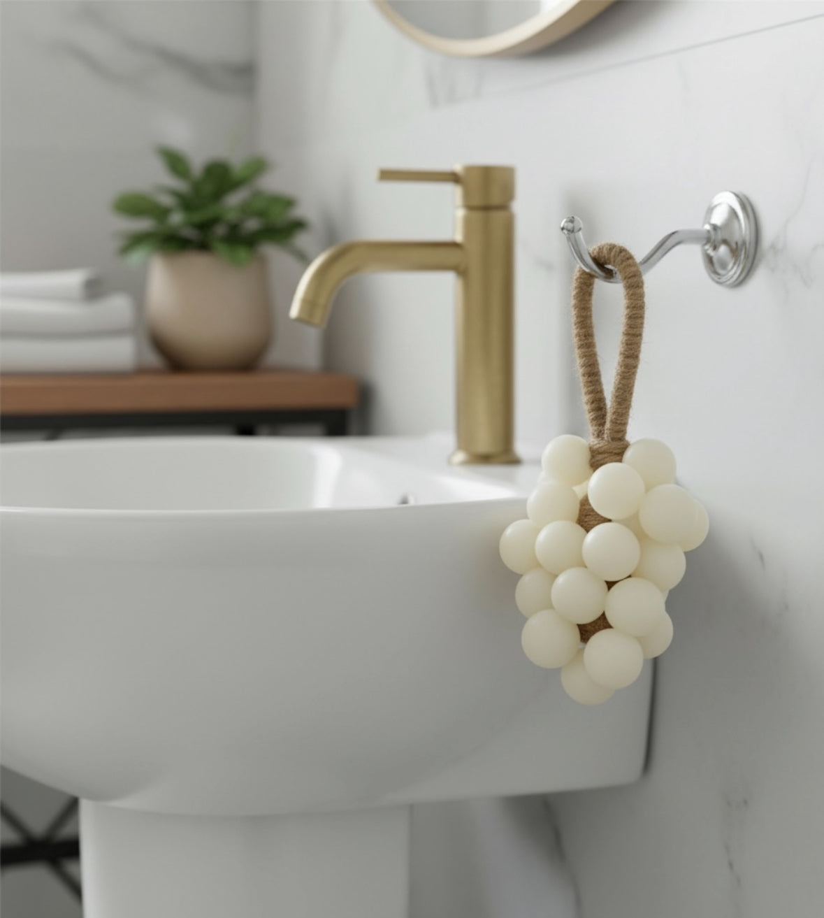 Decorative white grape ornament hanging on a bathroom wall next to a sink with a gold faucet.